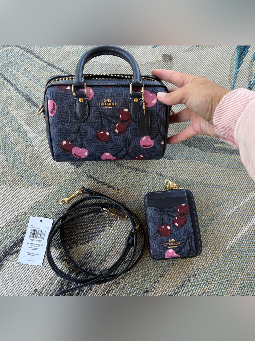 COACH Cherry Print Mini Satchel in navy